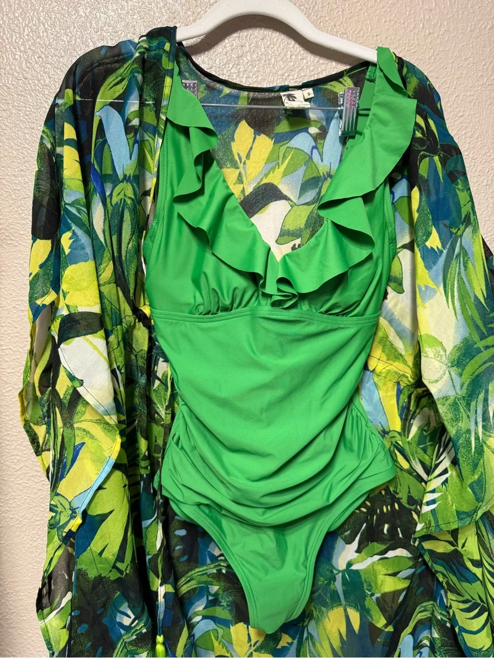 DKNY Bright Green Swimsuit with Tropical Print Accent - Picture 2 of 4